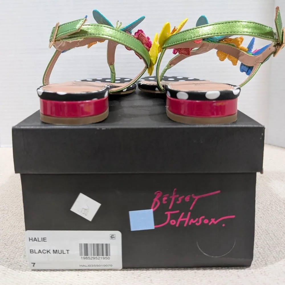 Betsey Johnson Halie Butterfly Floral Polka Dot Sandals Black Multi Size 7 NIB